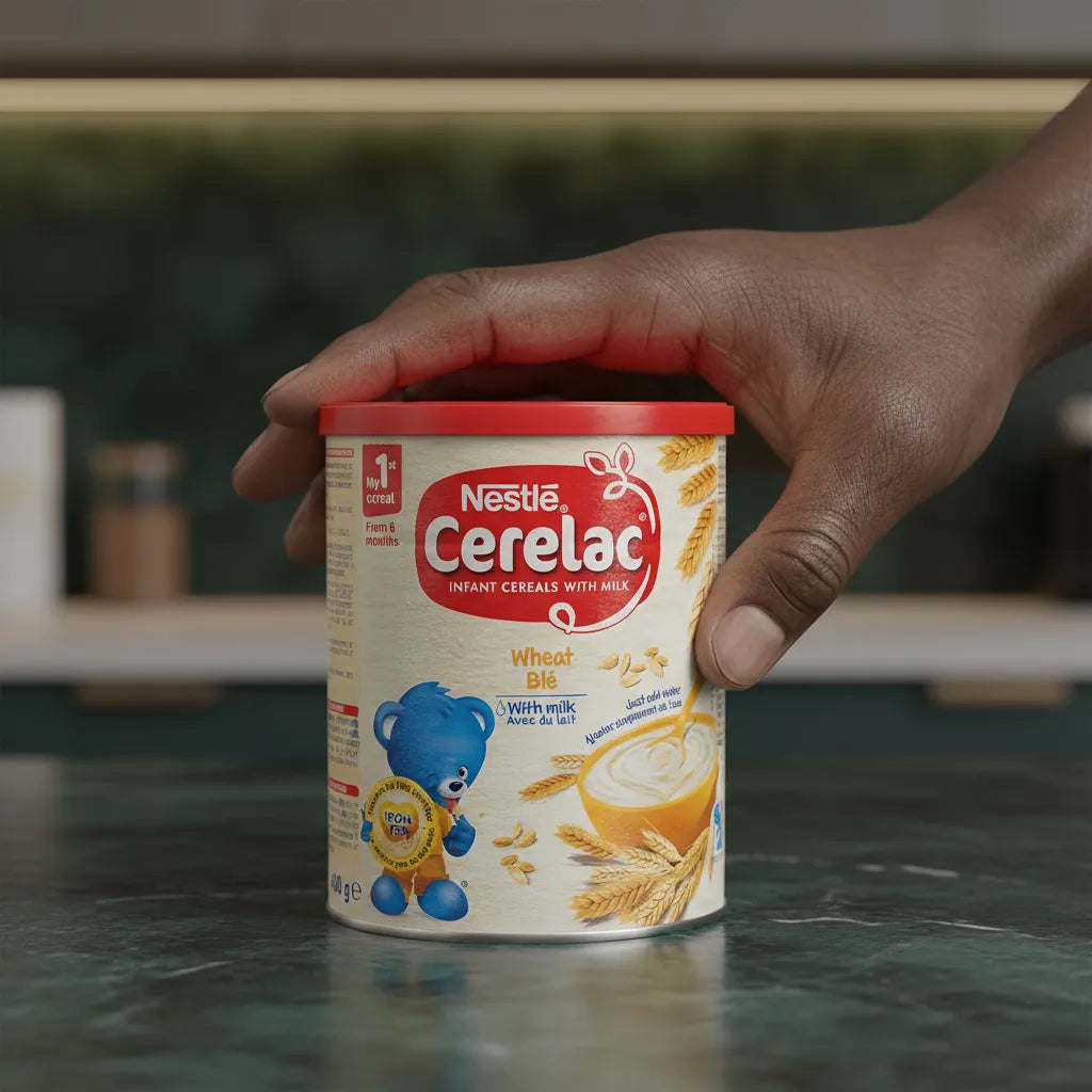 Main tenant une boîte de Nestlé Cerelac blé et lait, céréales pour bébé dès 6 mois, riche en fer et facile à préparer avec de l’eau.