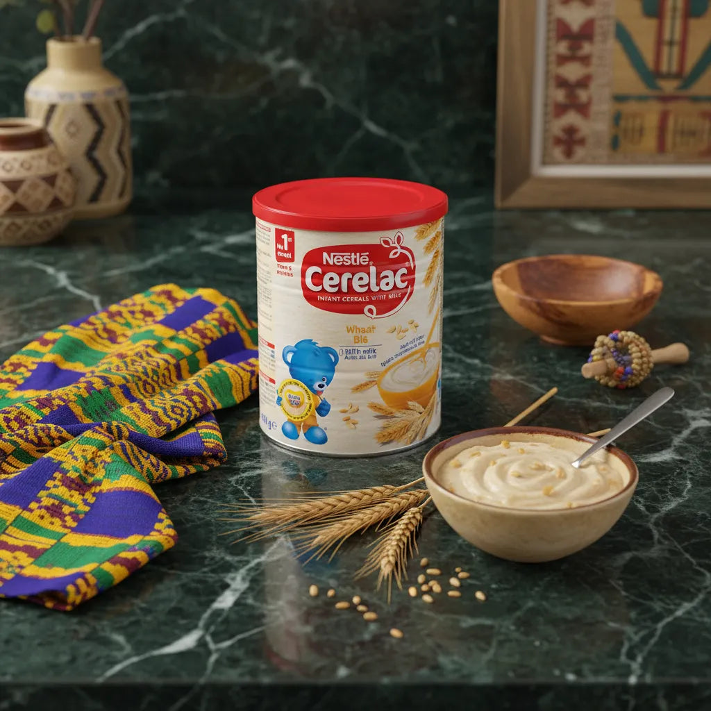 Céréales bébé blé lait Nestlé Cerelac posées sur table en marbre avec bol de préparation, épis de blé et tissu coloré, parfaites pour nourrissons.