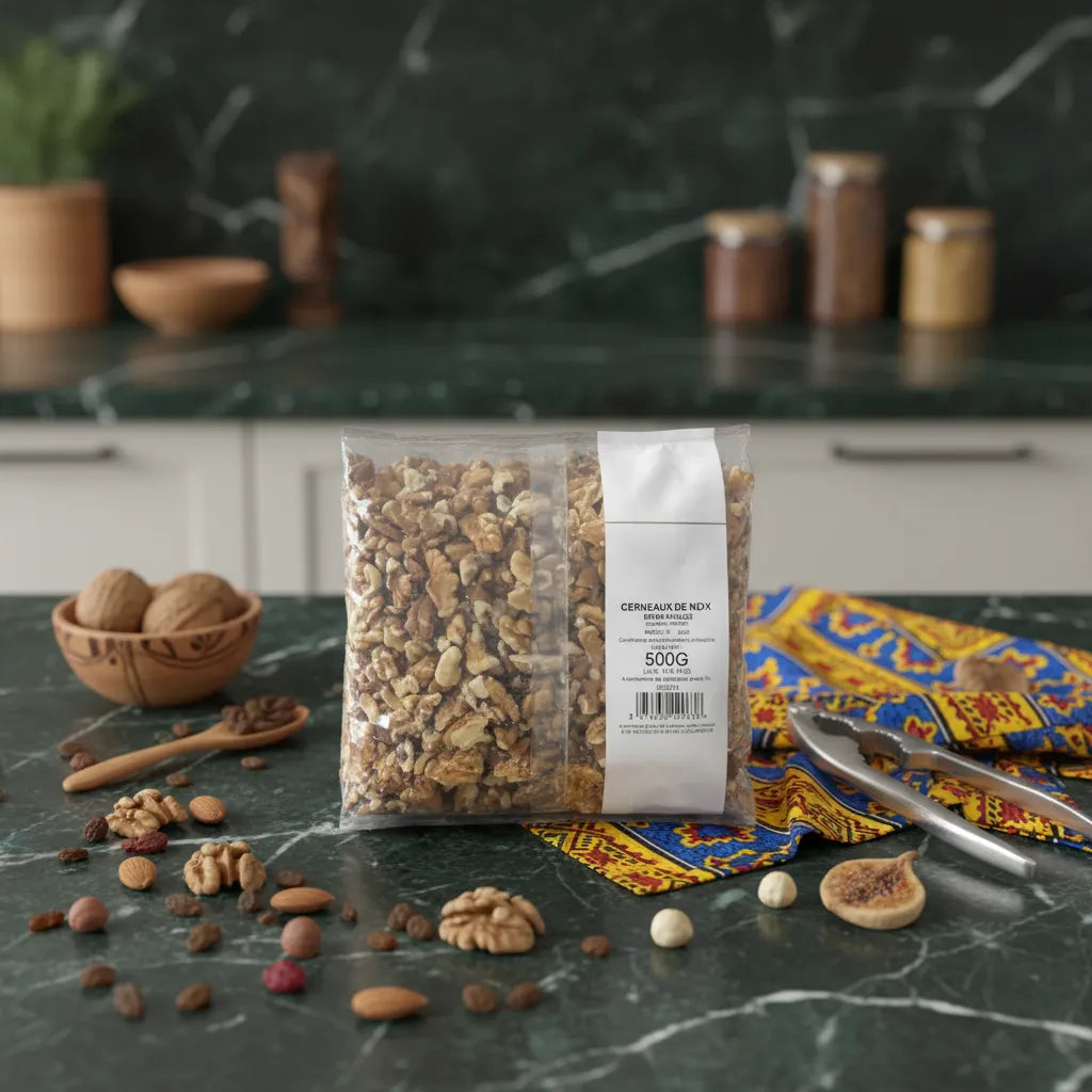 Sachet de cerneaux de noix PROFRUIT 500g posé sur plan de travail avec fruits secs. Parfait pour recettes sucrées ou salées.
