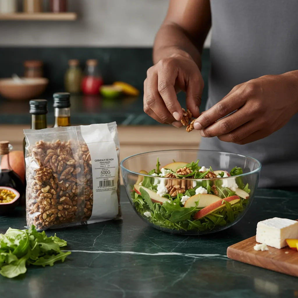 Préparation d'une salade avec cerneaux de noix PROFRUIT, ajoutant croquant et saveur. Ingrédient sain pour plats équilibrés.