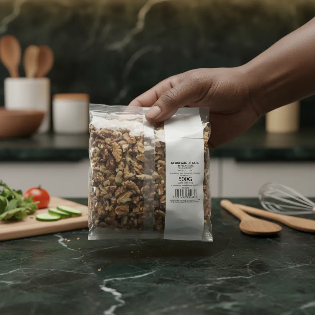 Main tenant un sachet de cerneaux de noix PROFRUIT 500g dans une cuisine moderne. Ingrédient essentiel pour plats savoureux.