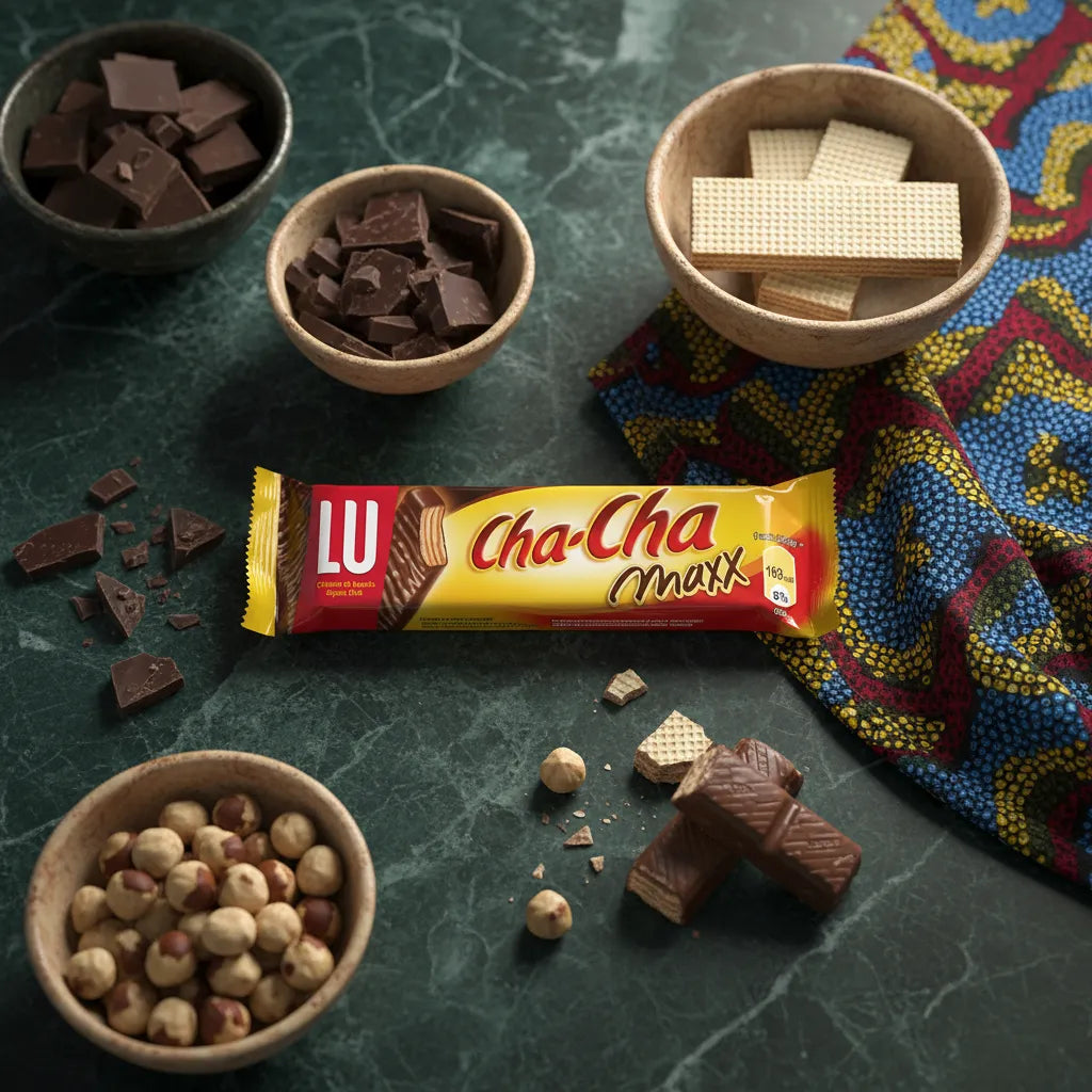 Barre chocolatée LU Cha-Cha Maxx posée sur une table avec éclats de chocolat, noisettes et gaufrettes, parfaite pour les desserts maison.