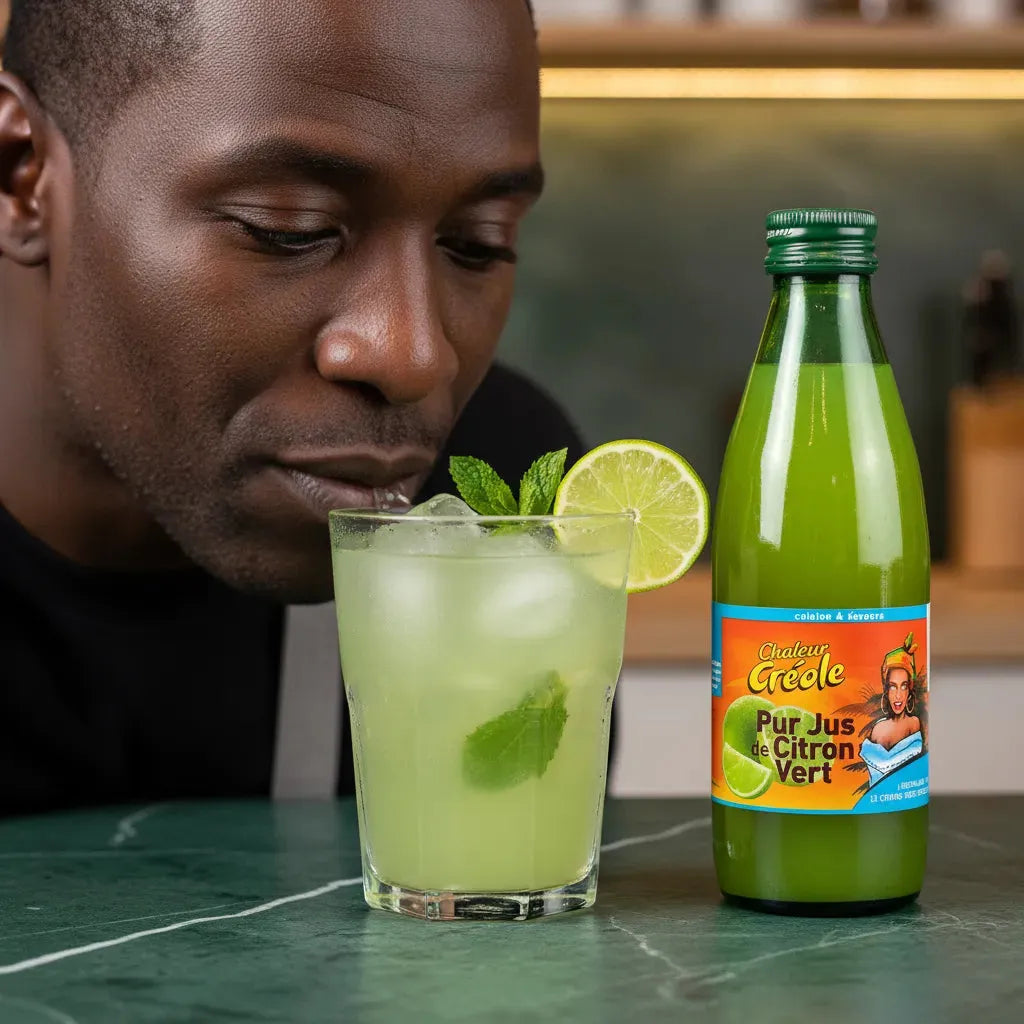 Homme dégustant une boisson à base de jus de citron vert CHALEUR CRÉOLE, parfait pour cocktails et recettes tropicales.