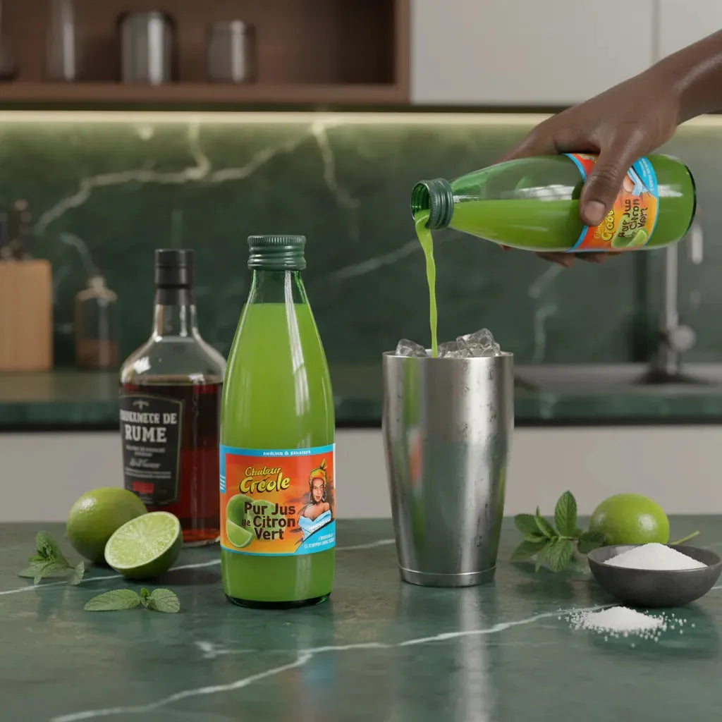 Préparation de cocktail avec le jus de citron vert CHALEUR CRÉOLE, ingrédient idéal pour boissons rafraîchissantes et recettes exotiques.