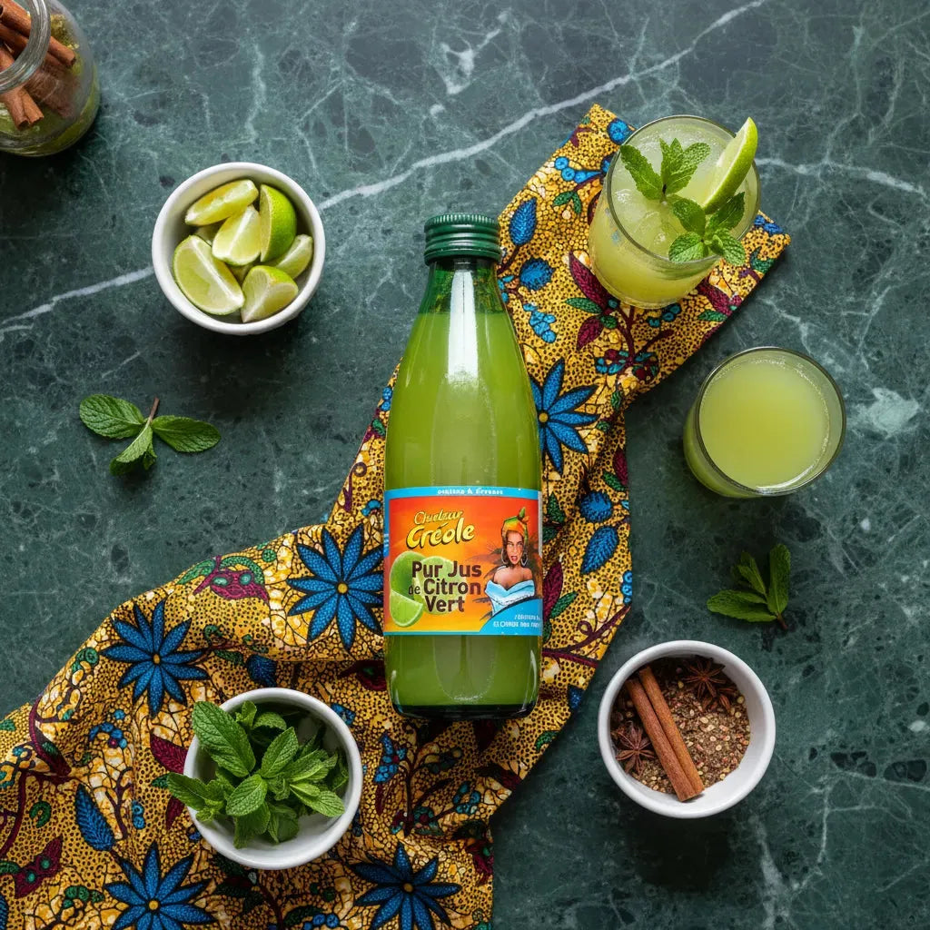 Jus de citron vert CHALEUR CRÉOLE entouré d’ingrédients frais sur tissu coloré, idéal pour cuisine créole et boissons acidulées.
