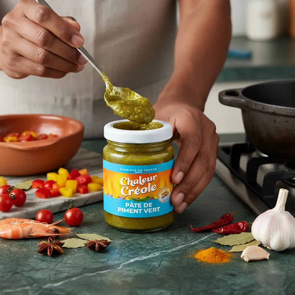 Utilisation de la pâte de piment vert Chaleur Créole en cuisine, ajoutée à une préparation avec crevettes, ail et épices fraîches.