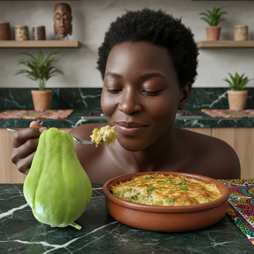 Femme dégustant un plat préparé à base de chayotte, légume tropical à texture croquante, parfait pour une cuisine saine et gourmande.