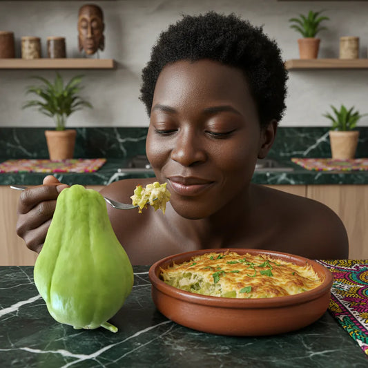 Femme dégustant un plat préparé à base de chayotte, légume tropical à texture croquante, parfait pour une cuisine saine et gourmande.