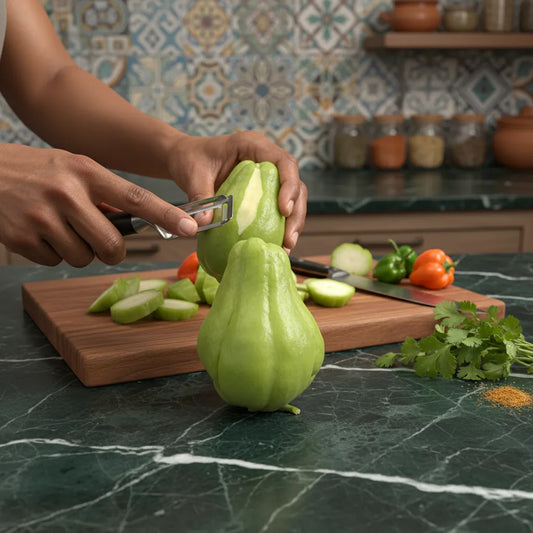 Préparation culinaire avec chayotte fraîche pelée sur planche à découper, idéale pour recettes exotiques et plats végétariens.