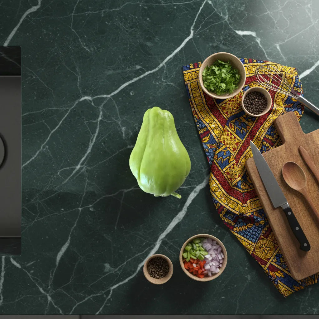 Chayotte posée sur un plan de travail avec ingrédients frais, prête à être cuisinée dans une recette exotique et savoureuse.