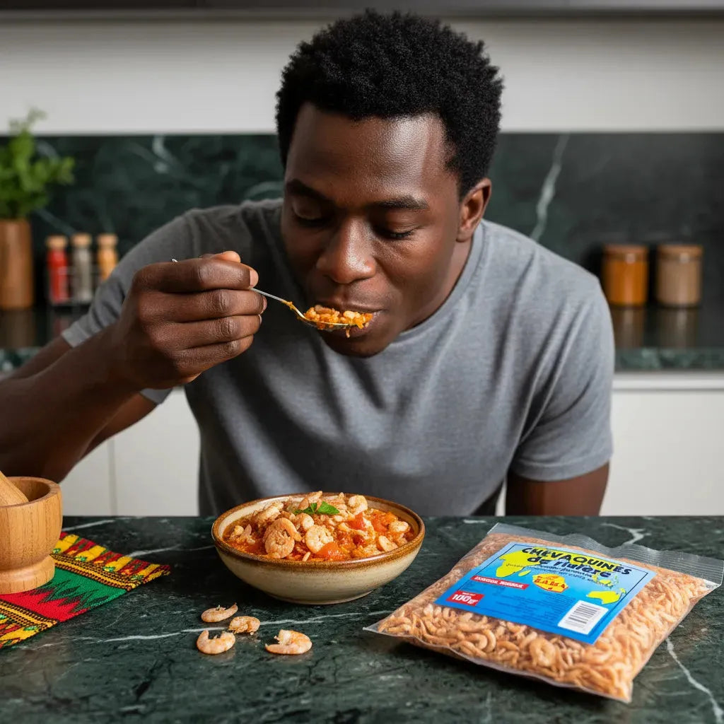 Chevaquine MAISON RAMA - Crevettes surgelées dégustées dans un plat cuisiné, parfaites pour recettes traditionnelles et épicerie salée.