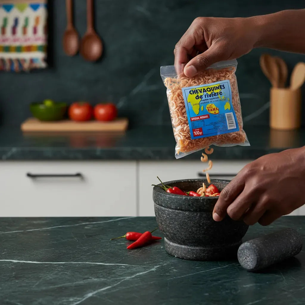 Chevaquine MAISON RAMA - Crevettes surgelées versées dans mortier avec piments, parfaites pour assaisonnement et recettes épicées.