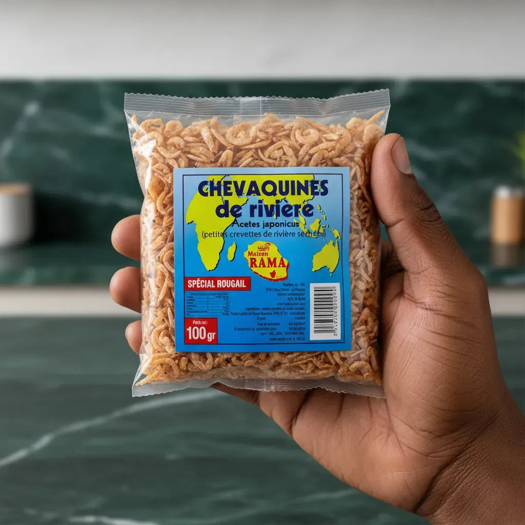 Chevaquine MAISON RAMA - Sachet de crevettes surgelées 100g tenu à la main, idéal pour plats épicés et cuisine maison.