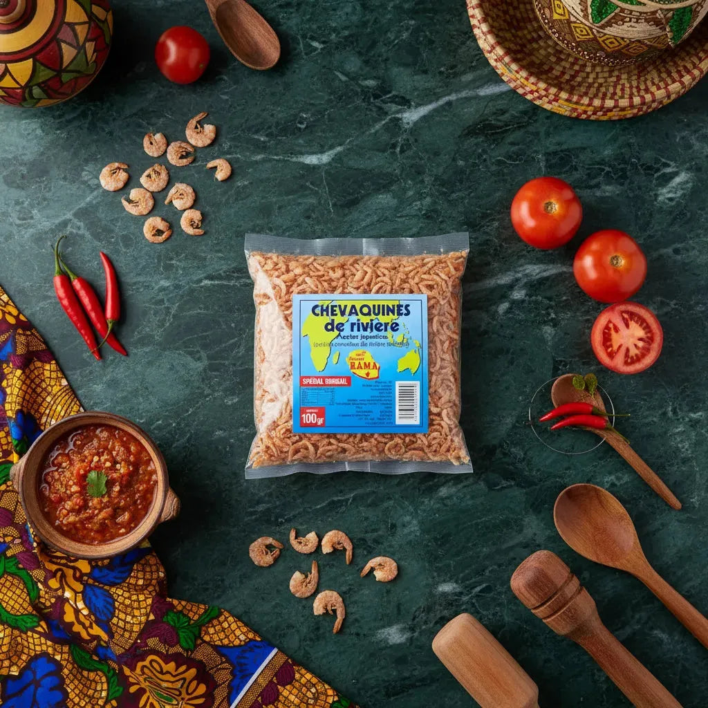 Chevaquine MAISON RAMA - Petites crevettes d'eau douce surgelées 100g posées sur table avec ingrédients exotiques pour cuisine épicée.