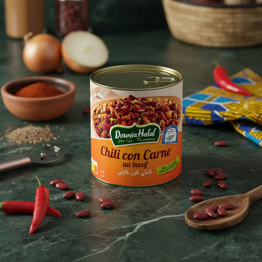 Chili con carne DOUNIA sur plan de travail avec ingrédients frais, haricots rouges, piments et épices, illustrant un plat cuisiné authentique.