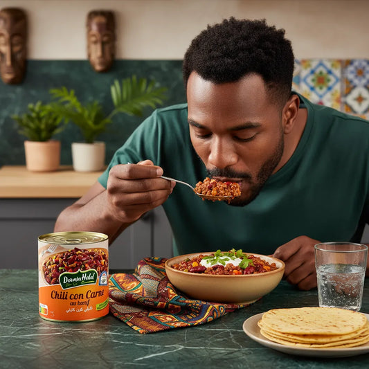 Homme dégustant le Chili con carne DOUNIA, plat préparé à base de haricots rouges, viande hachée et épices, parfait pour un repas maison.