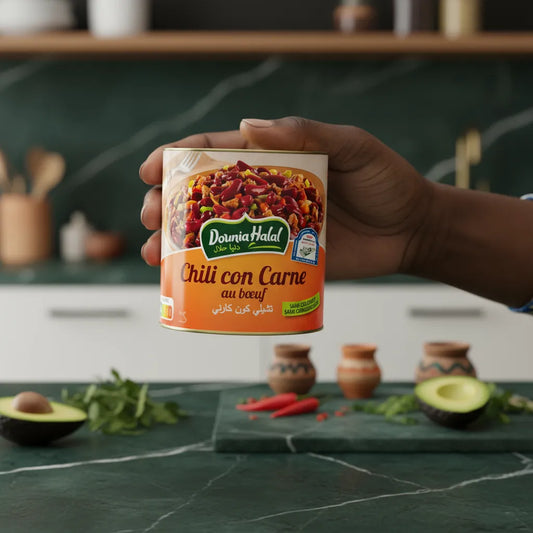 Main tenant une boîte de Chili con carne DOUNIA, plat préparé halal aux haricots rouges et viande, prêt à consommer, sans additifs.