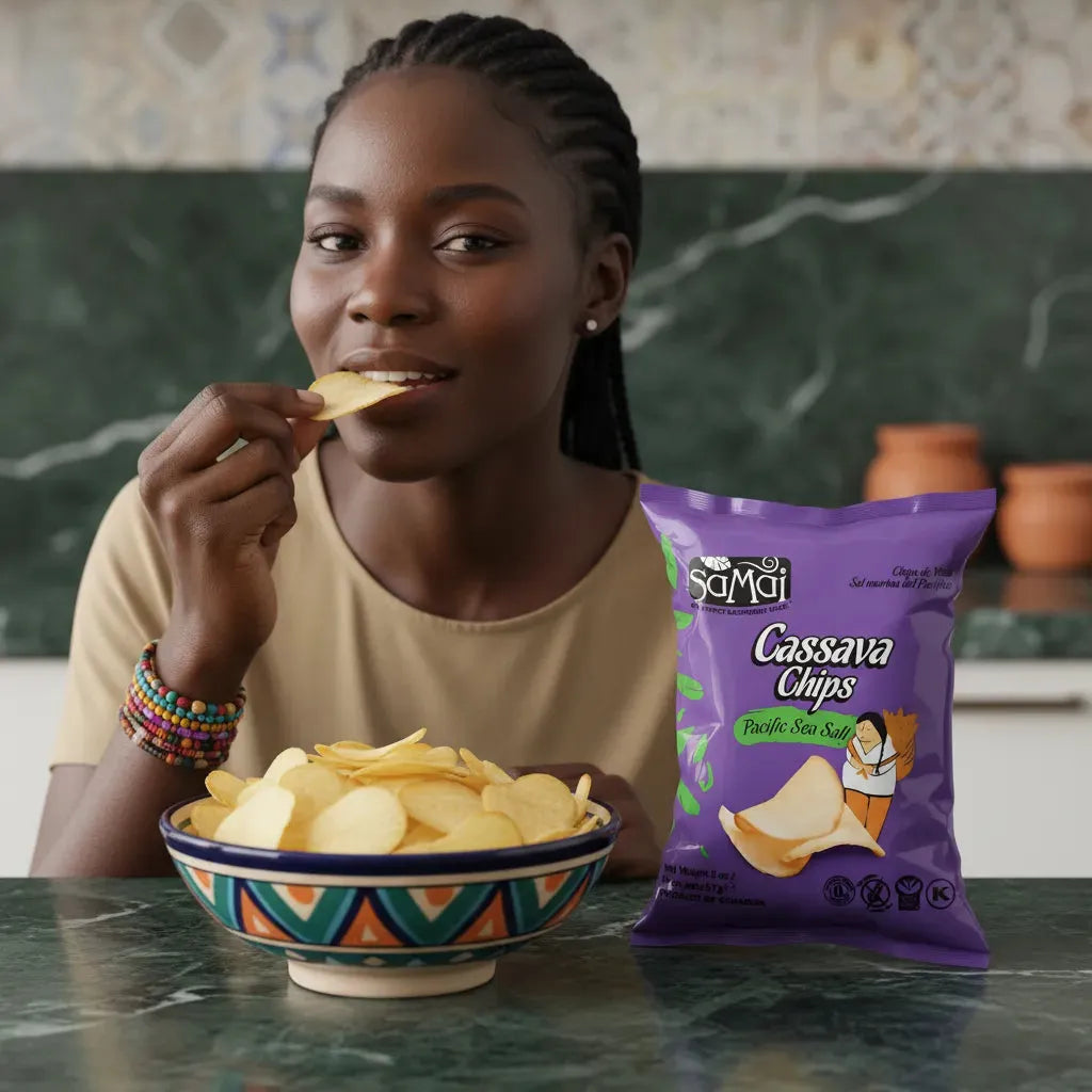 Femme dégustant des chips de manioc SAMAI, collation sans gluten dans un bol coloré, parfaite pour un moment gourmand.
