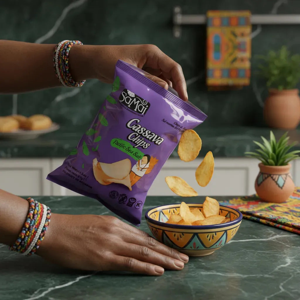 Main versant des chips de manioc SAMAI dans un bol décoré, snack croquant et sans gluten à base de manioc frais.