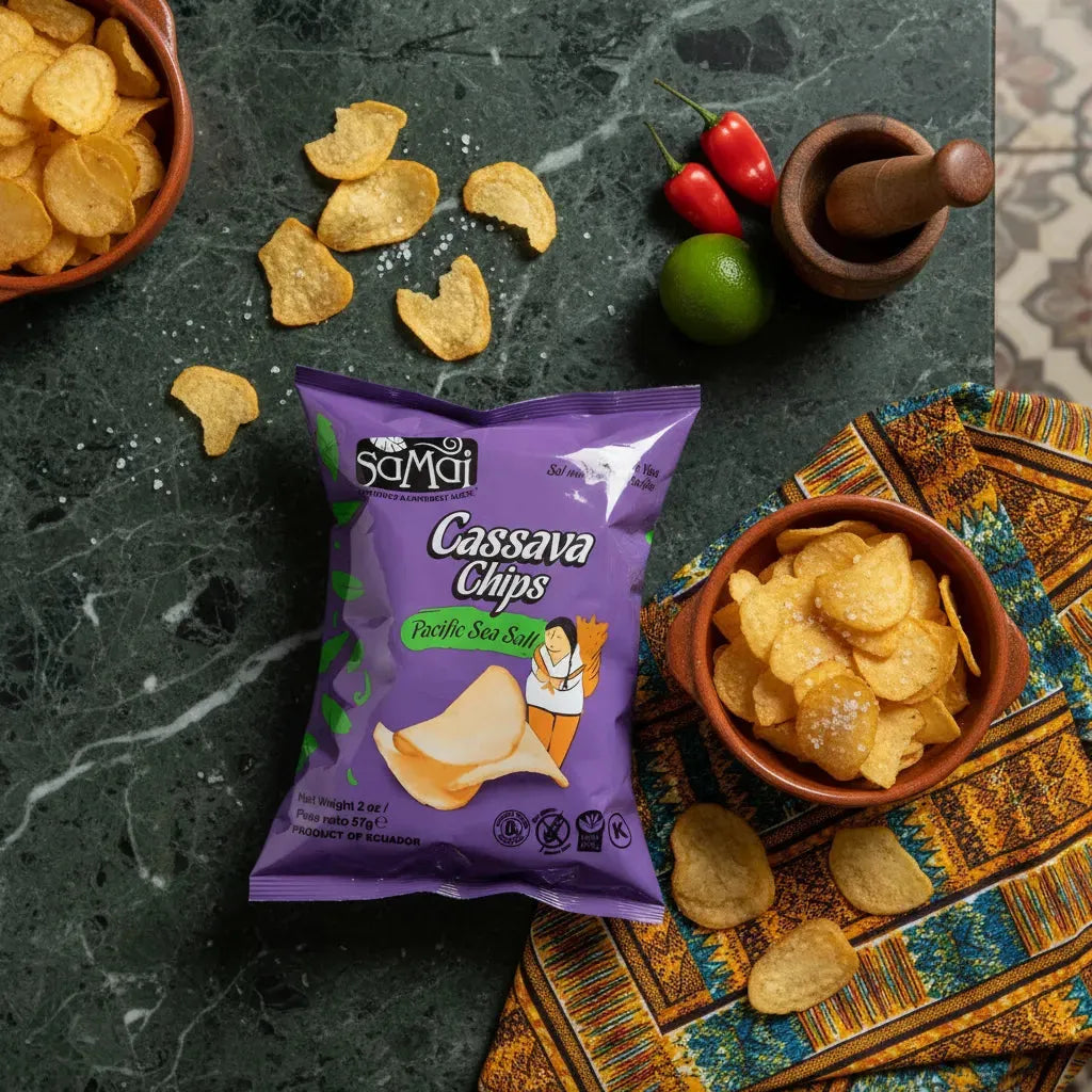 Chips de manioc SAMAI sur table en marbre avec piments et citron vert, snack sans gluten dans un sachet violet attrayant.