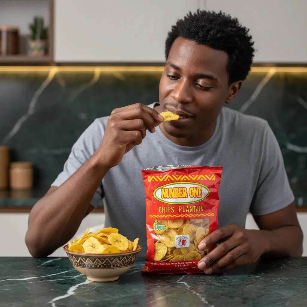 Homme dégustant les chips de plantain sucrées N°1, collation douce et croustillante parfaite pour les pauses gourmandes à la maison.