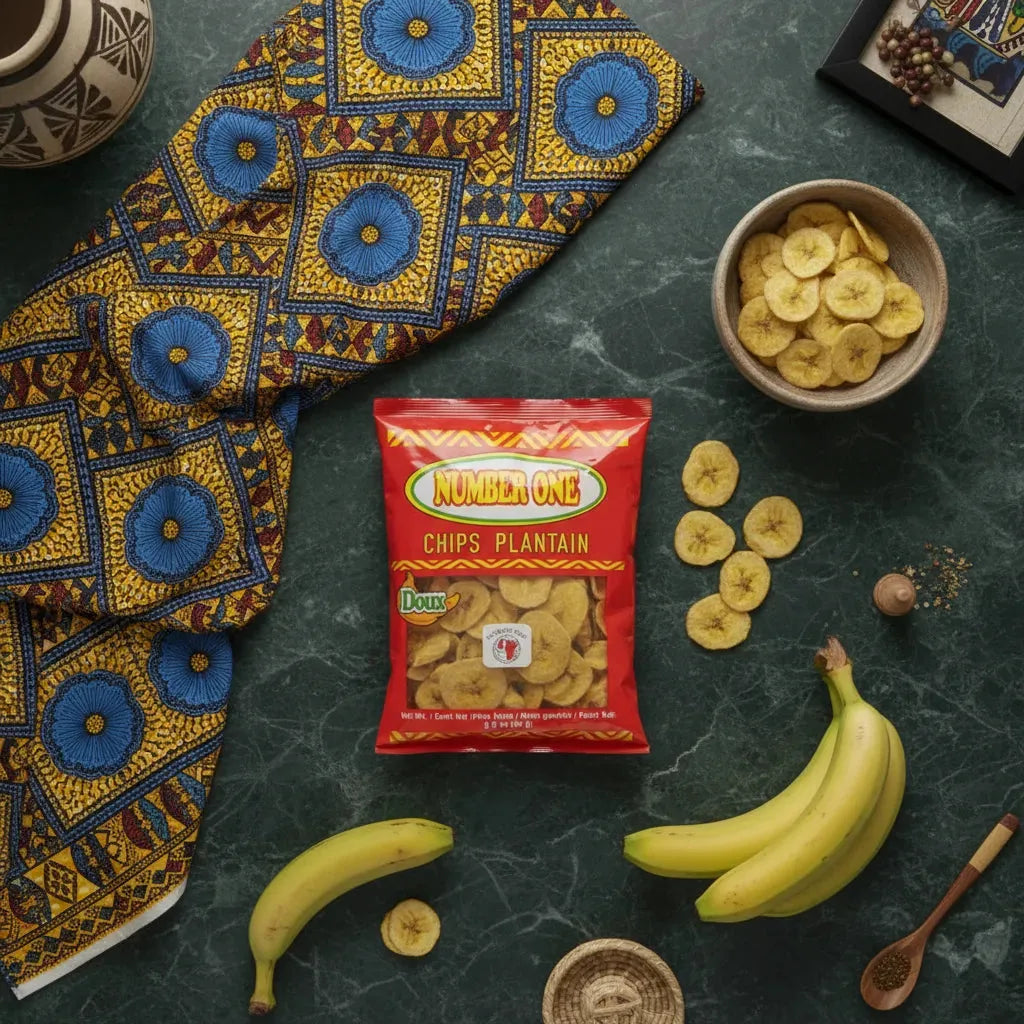 Chips de plantain sucrées N°1 posées sur une table avec bananes, tissu africain et bol de chips. Collation riche en saveurs et ambiance culturelle.