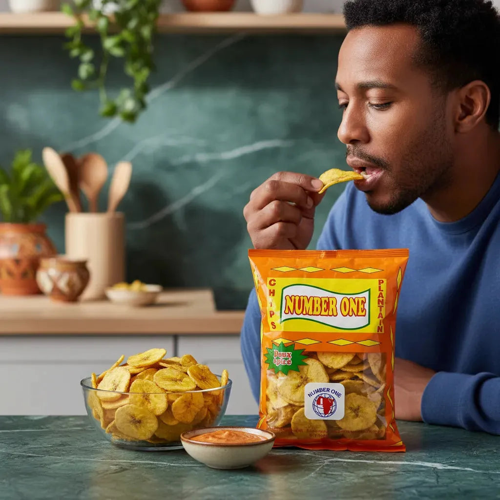 Homme dégustant les Chips Plantain Épicées N°1 - Douces et Croustillantes, accompagnées d'une sauce, dans une cuisine moderne. Snack idéal en épicerie salée.