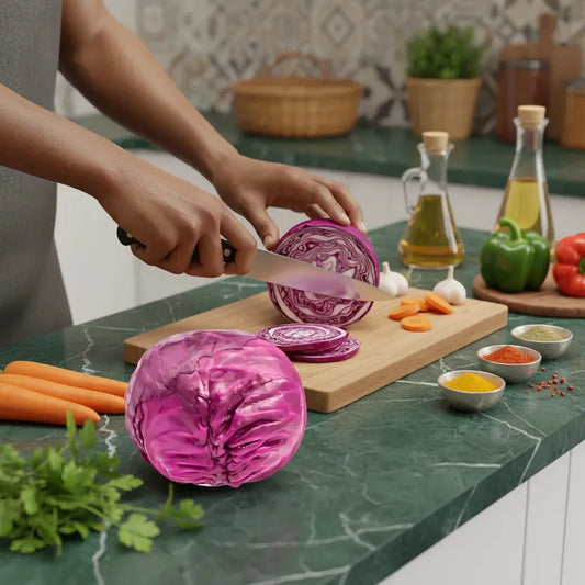 Préparation en cuisine avec chou rouge bio tranché, entouré de légumes frais et épices, riche en vitamines C et K.