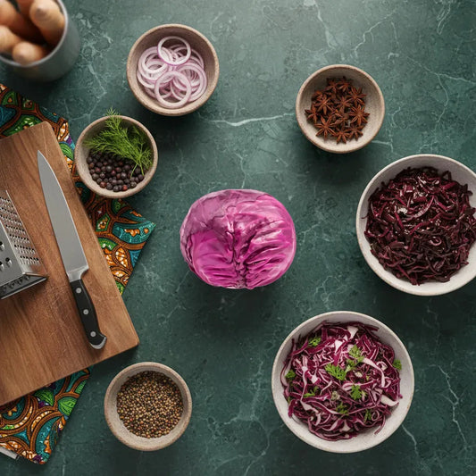 Chou rouge bio au centre d'une préparation culinaire avec épices et légumes, idéal pour recettes saines et nutritives.