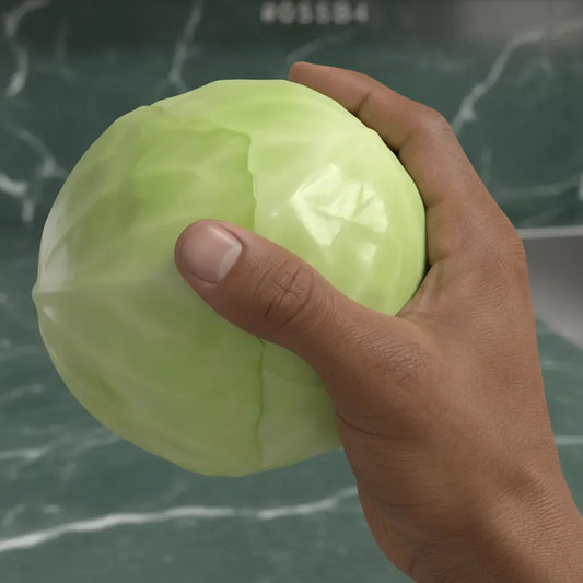 Main tenant un chou blanc frais, montrant sa texture ferme et fraîcheur idéale pour plats sucrés ou salés.