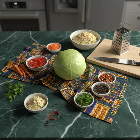 Chou blanc frais sur plan de travail avec légumes râpés et épices, prêt pour une préparation culinaire savoureuse.