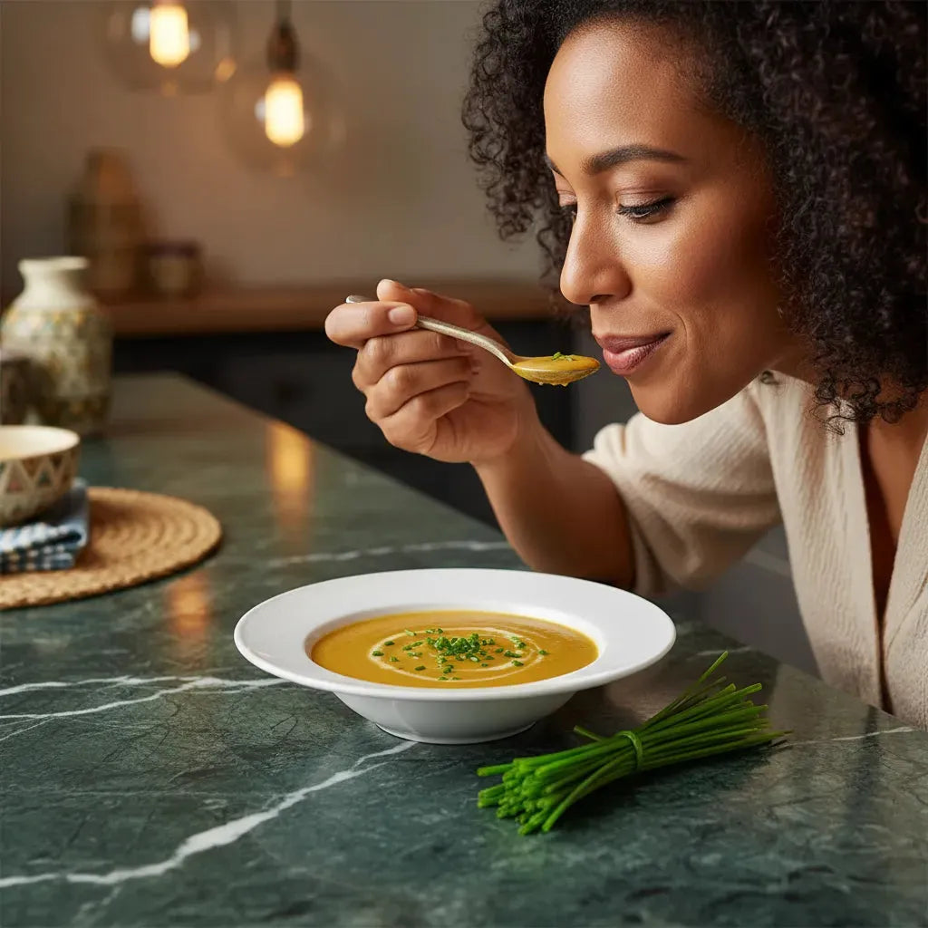 Femme dégustant une soupe garnie de ciboulette fraîche. Ciboulette - Herbe Aromatique Ciboulette | Cuisine et Saveur.