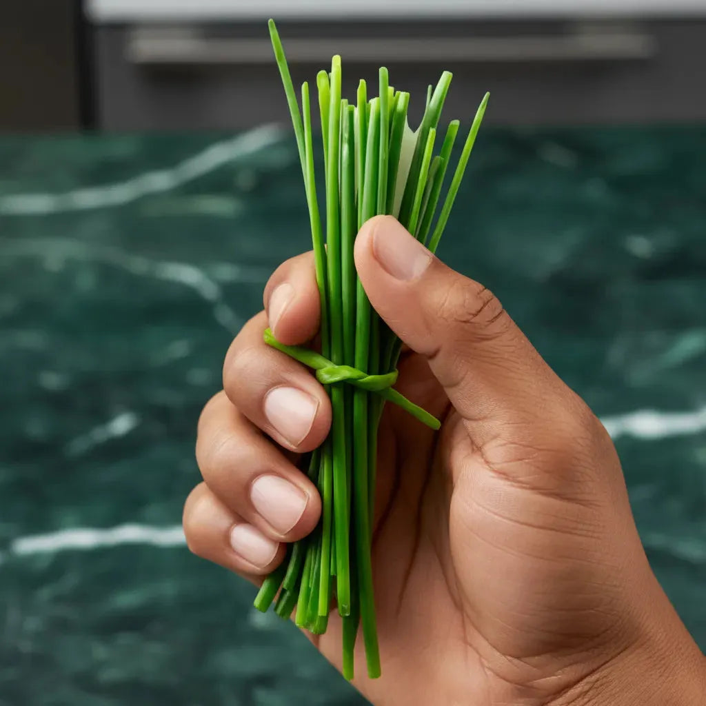 Main tenant une botte de ciboulette fraîche, parfaite pour la cuisine. Ciboulette - Herbe Aromatique Ciboulette | Cuisine et Saveur.