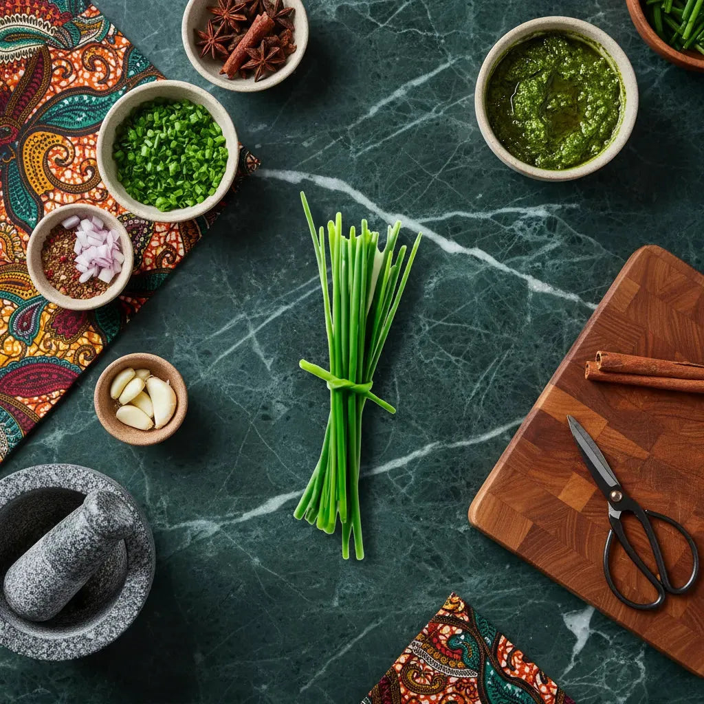 Botte de ciboulette posée sur un plan de travail avec ingrédients culinaires. Ciboulette - Herbe Aromatique Ciboulette | Cuisine et Saveur.