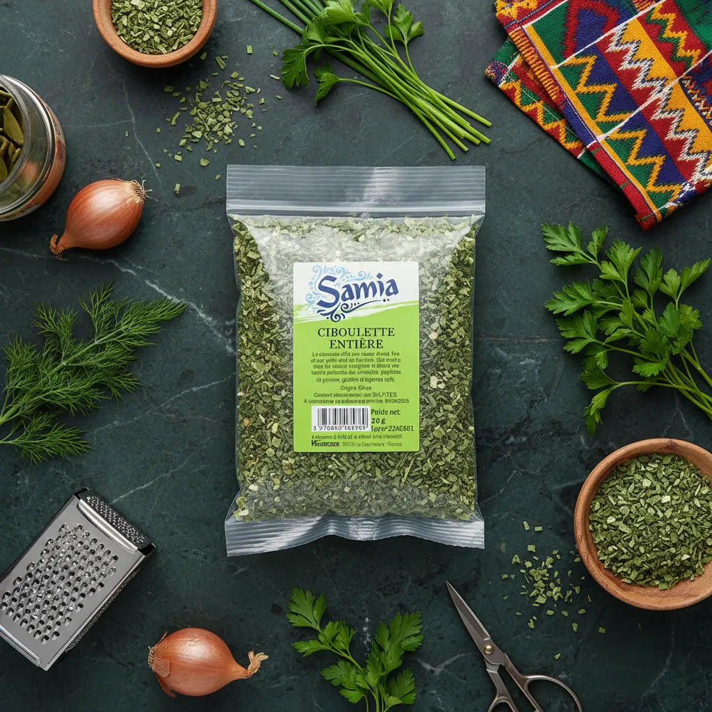 Sachet de ciboulette entière SAMIA posé sur un plan de travail avec ingrédients frais, parfait pour cuisine aromatique et épicerie salée.