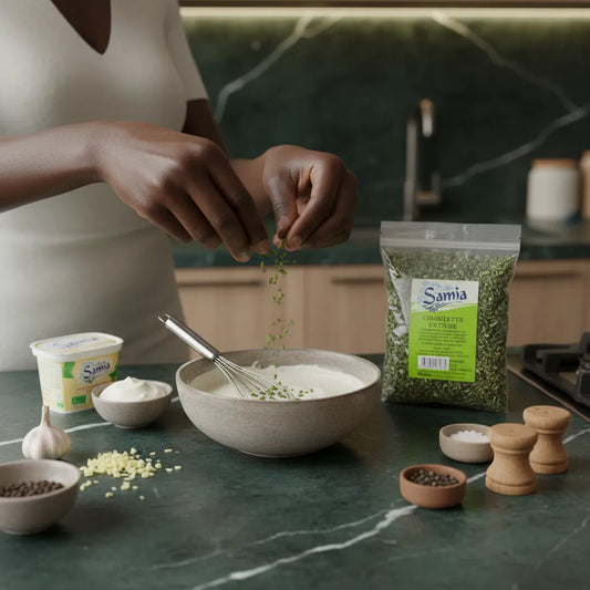 Préparation d'une sauce avec ciboulette entière SAMIA, herbe séchée idéale pour rehausser les recettes maison avec une touche parfumée.