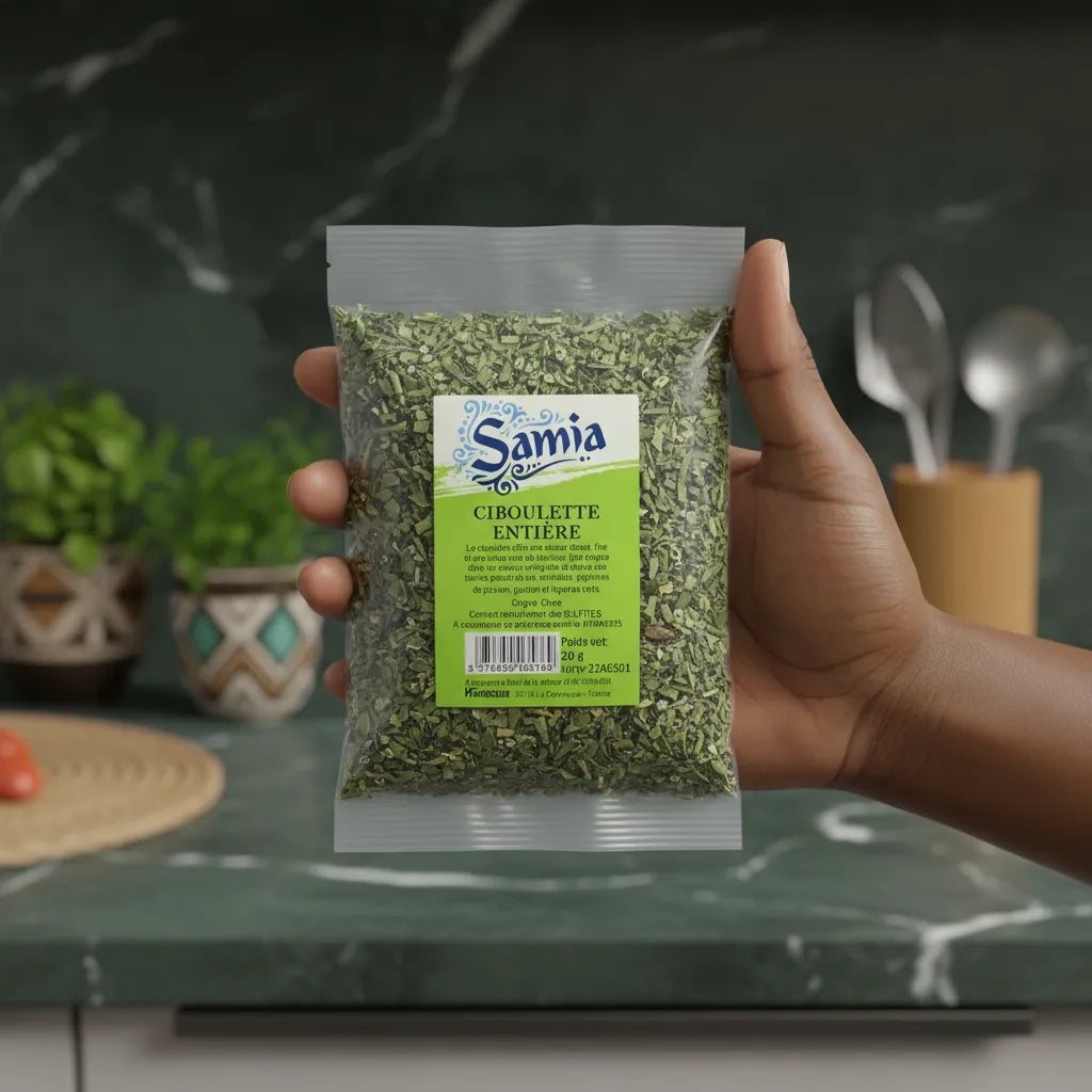 Main tenant un sachet de ciboulette entière SAMIA, herbe aromatique séchée pour épicerie salée, parfaite pour enrichir vos plats.
