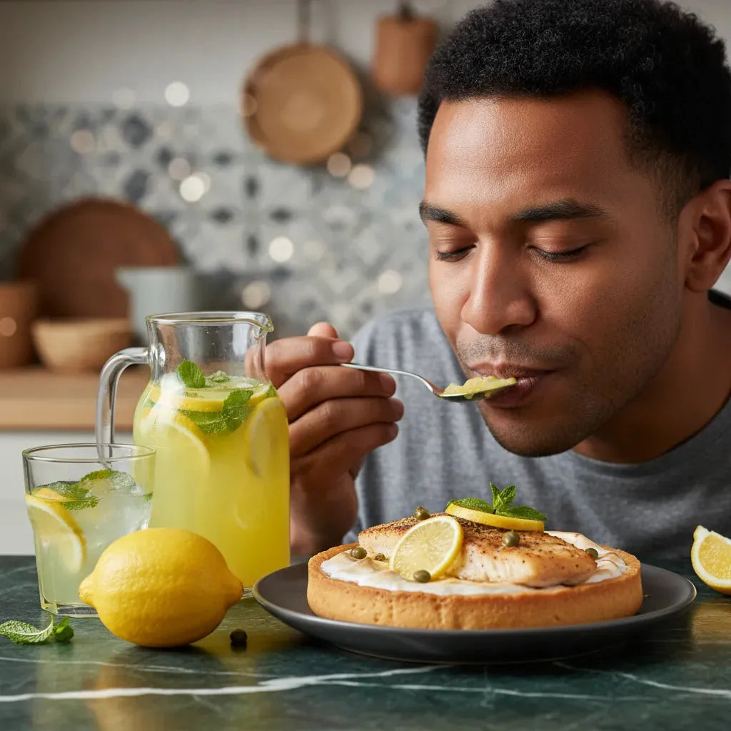 Homme dégustant un plat à base de citron jaune biologique, accompagné de limonade maison et tarte citronnée sur une table de cuisine.