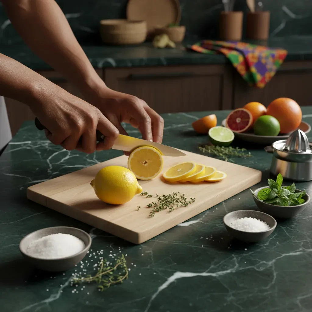 Préparation culinaire avec un citron jaune biologique tranché sur planche en bois, entouré d'ingrédients frais comme sel, thym et menthe.