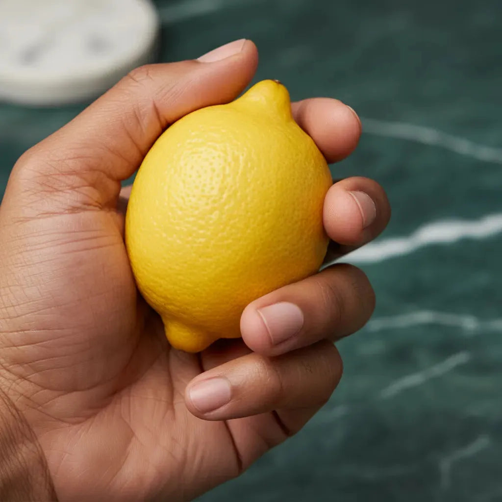 Main tenant un citron jaune biologique, idéal pour les recettes culinaires grâce à sa fraîcheur et son goût acidulé naturel.