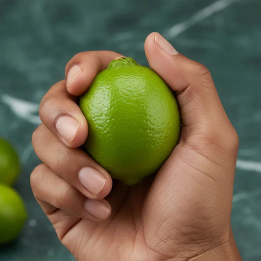Main tenant un citron vert frais, idéal pour boissons rafraîchissantes ou plats exotiques. Saveur unique et acidulée.