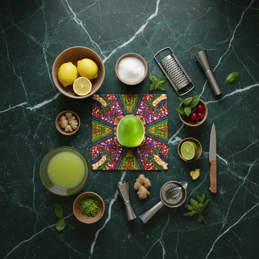 Citron vert entouré d'ingrédients frais sur fond marbré, parfait pour préparer un jus acidulé ou une recette vivifiante.