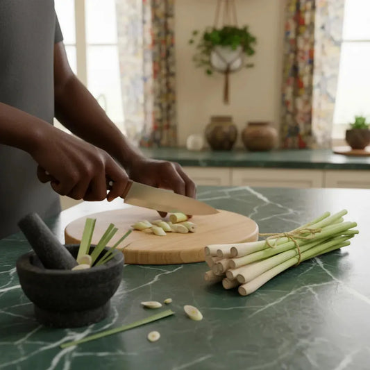 Préparation de citronnelle fraîche sur planche de cuisine, ingrédient essentiel pour recettes asiatiques, soupes et marinades parfumées.