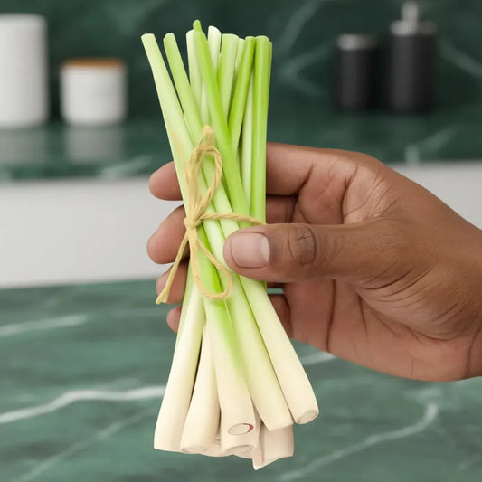 Main tenant une botte de citronnelle fraîche, herbe aromatique utilisée en cuisine exotique pour parfumer currys, soupes et plats asiatiques.