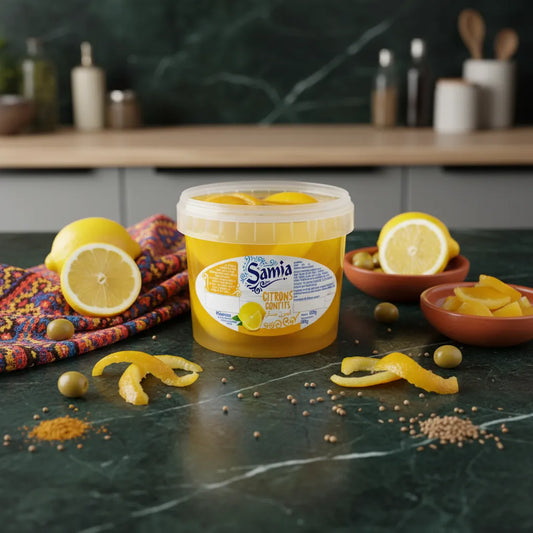 Citrons confits SAMIA entourés d'épices, olives et citrons frais, parfaits pour une cuisine méditerranéenne savoureuse.