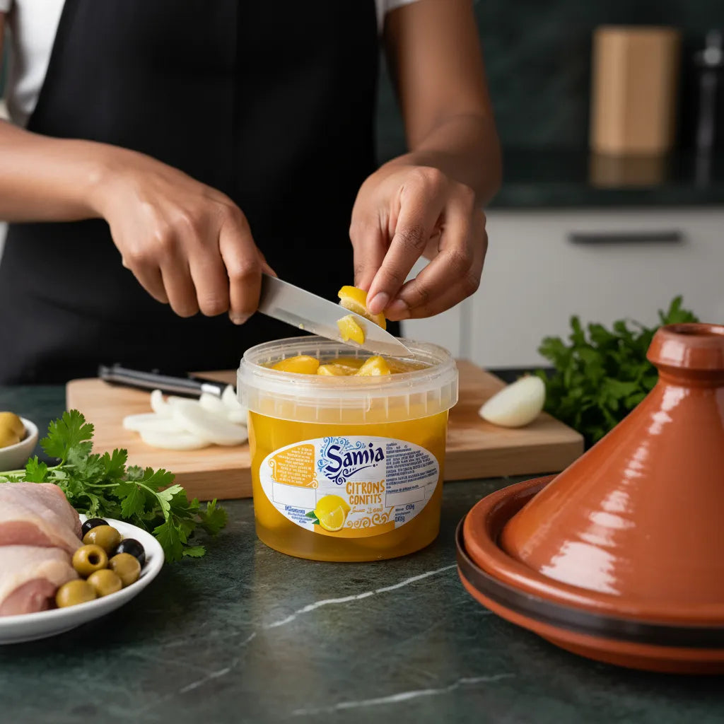 Préparation culinaire avec citrons confits SAMIA, parfaits pour rehausser un tajine maison avec une touche acidulée.