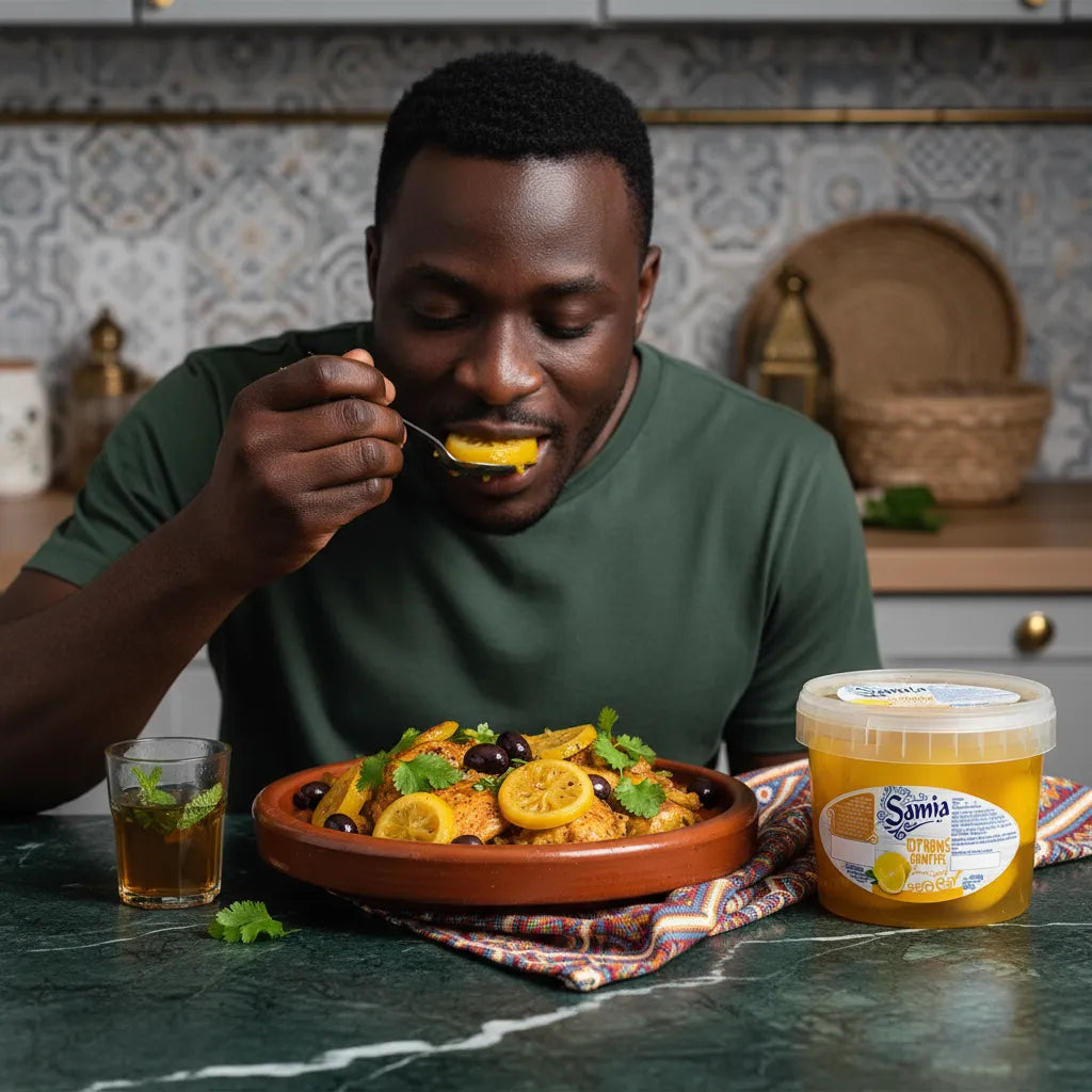 Homme dégustant un plat au citron confit SAMIA, saveur unique et intense dans une ambiance de cuisine traditionnelle.