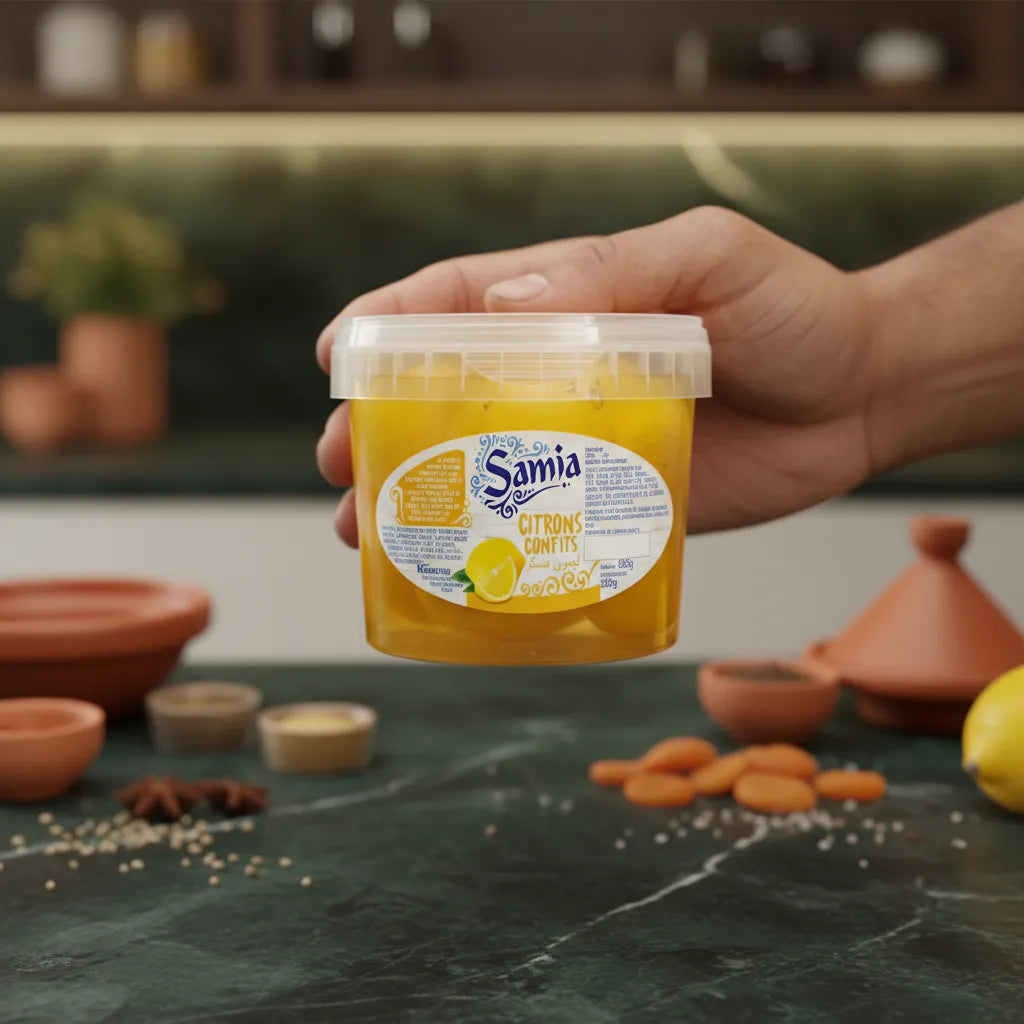 Main tenant un pot de citrons confits SAMIA, produit d'épicerie salée prêt à l'emploi pour plats mijotés et marinades.