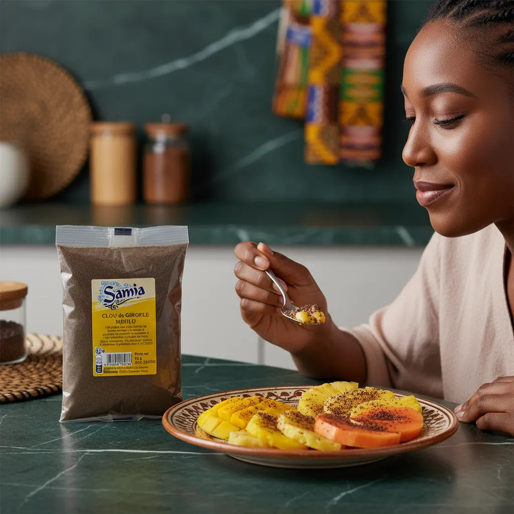 Femme dégustant un plat de fruits assaisonné avec le clou de girofle moulu SAMIA - Épice aromatique parfaite pour desserts et boissons chaudes.
