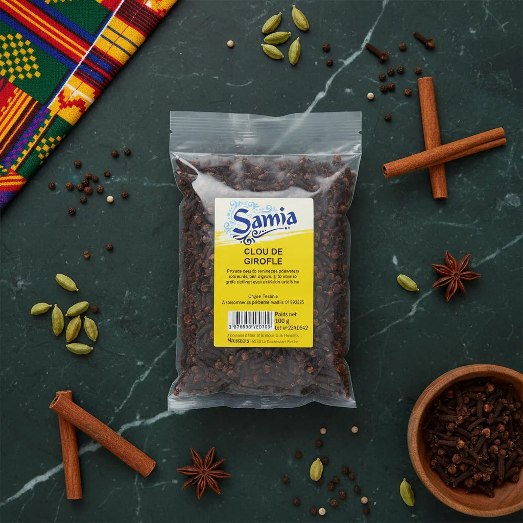Sachet de clous de girofle SAMIA posé sur table avec épices variées, parfait pour assaisonnement intense et cuisine parfumée.